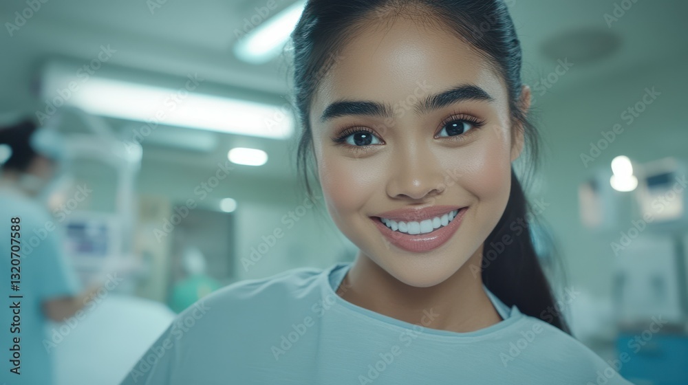 Fototapeta premium A woman with long hair and a blue shirt is smiling