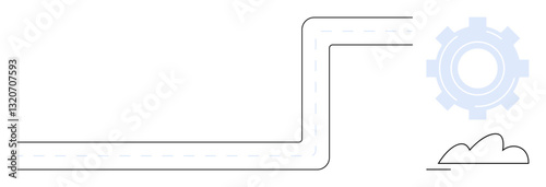 Straight and curved road path leading to a gear icon and cloud. Ideal for innovation, technology, strategy, progress, automation, roadmaps, future planning. Flat simple metaphor