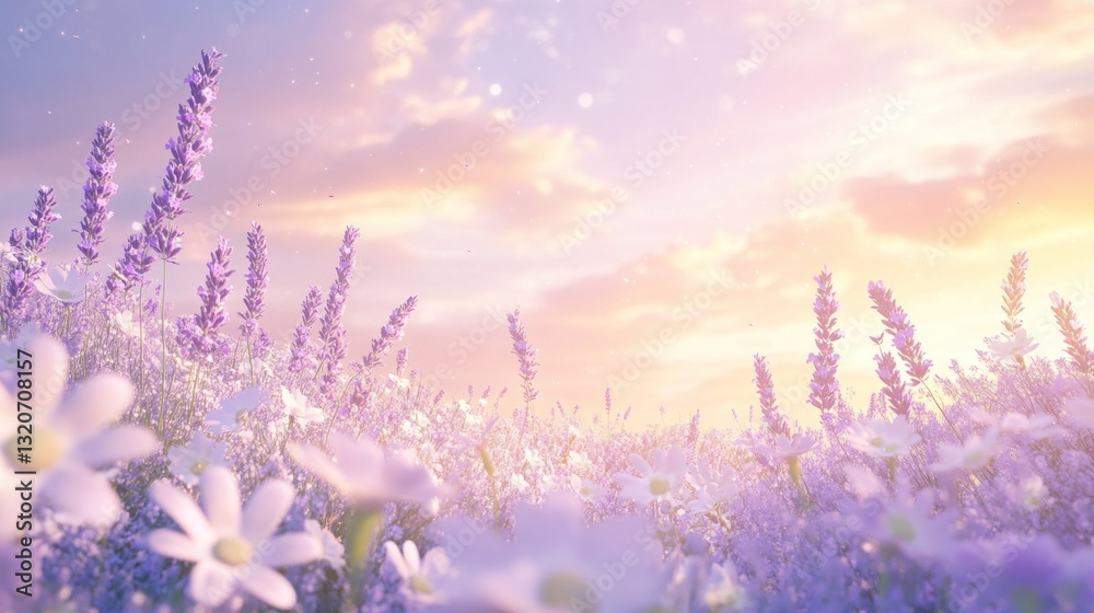 Obraz premium Serene sunset over a field of lavender and daisies
