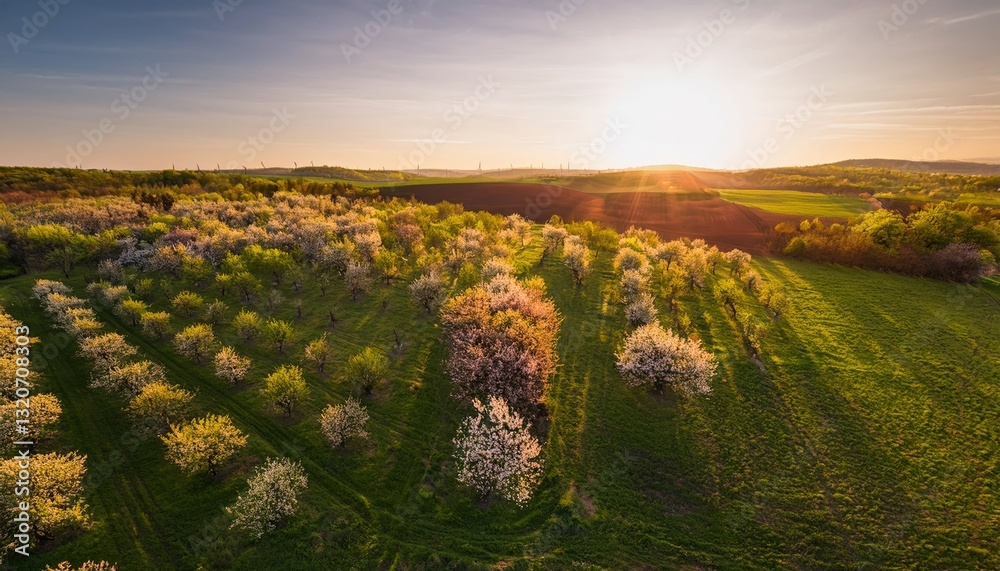 Naklejka premium Orchard meadow with blooming trees at sunset in spring