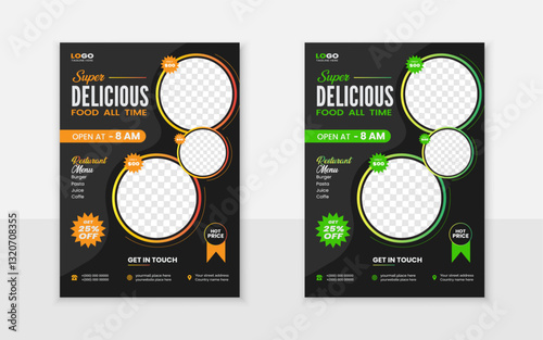 Modern creative a4 size resturant food flyer menu card design template layout with elliptical black green and black orange shape	