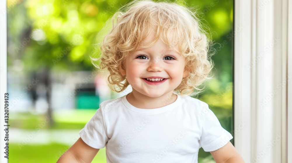 A young blonde child is smiling and wearing a white shirt A young blonde child is smiling and wearing a white shirt