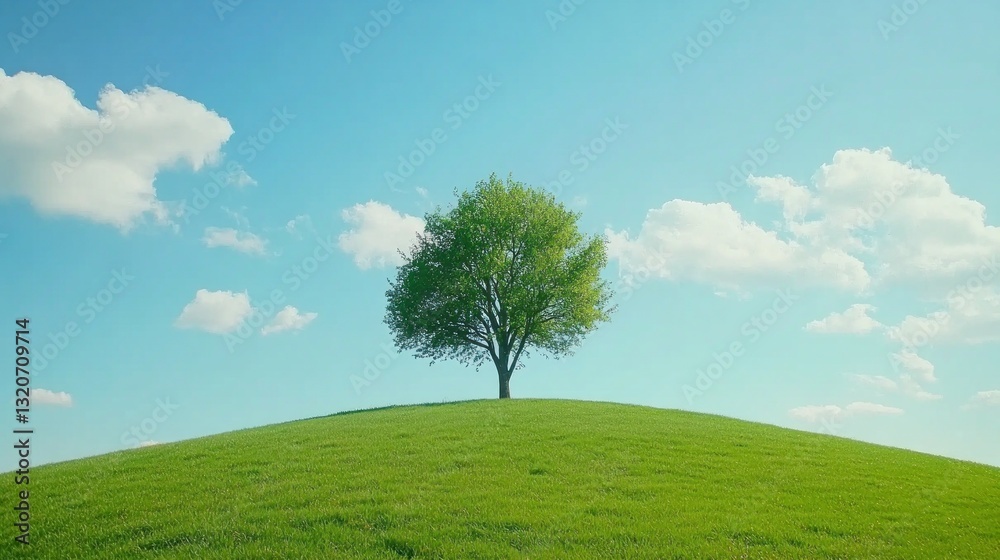 Solitary tree on a grassy hill under a bright blue sky with fluffy white clouds Solitary tree on a grassy hill under a bright blue sky with fluffy white clouds