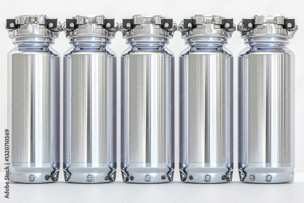 A row of five shiny metal canisters with secure lids and a sleek design A row of five shiny metal canisters with secure lids and a sleek design