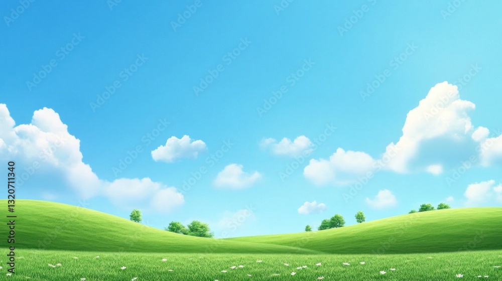 Fototapeta premium Serene landscape of rolling green hills under a bright blue sky dotted with fluffy white clouds