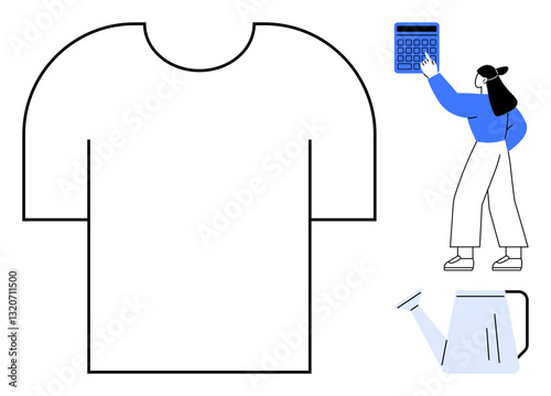 Oversized blank shirt, person operating calculator suggesting design calculation, and watering can representing nurturing ideas. Ideal for design, creativity, innovation, growth, planning, education