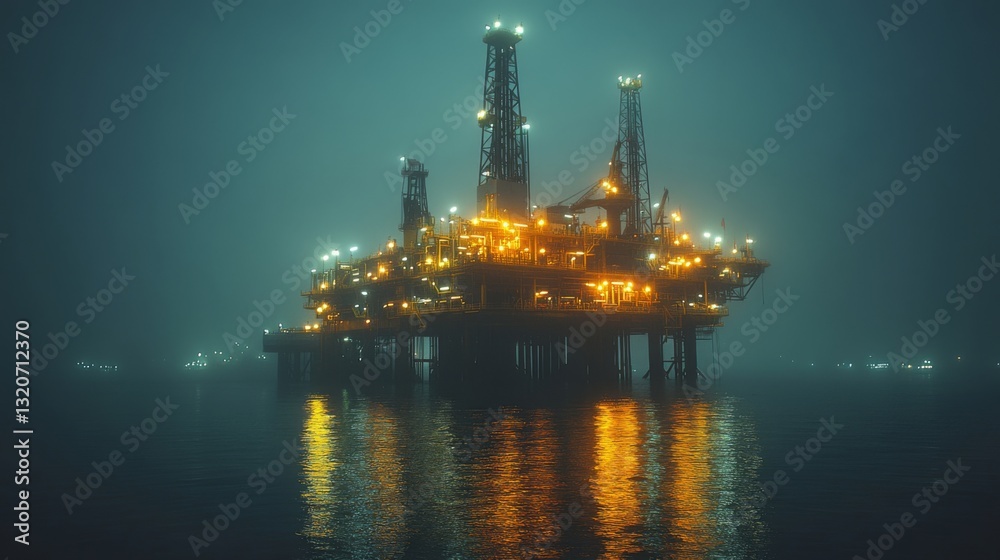 A large petrochemical refinery stands on stilts over water, adorned with numerous lights that reflect off the surface. Fog envelops the area, creating a mysterious atmosphere. A large petrochemical refinery stands on stilts over water, adorned with numerous lights that reflect off the surface. Fog envelops the area, creating a mysterious atmosphere.