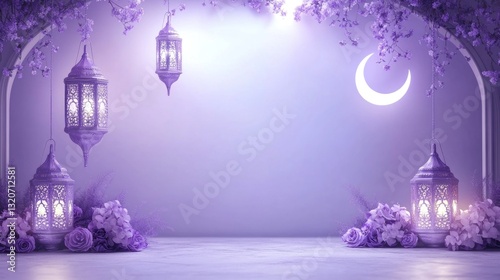 Serene purple scene with hanging lanterns, crescent moon, and floral accents