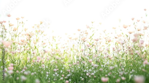 Soft pink wildflowers bloom in a lush green field, bathed in sunlight against a bright white sky
