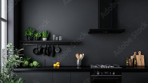 Sleek, dark kitchen with floating shelf, cookware, and modern appliances