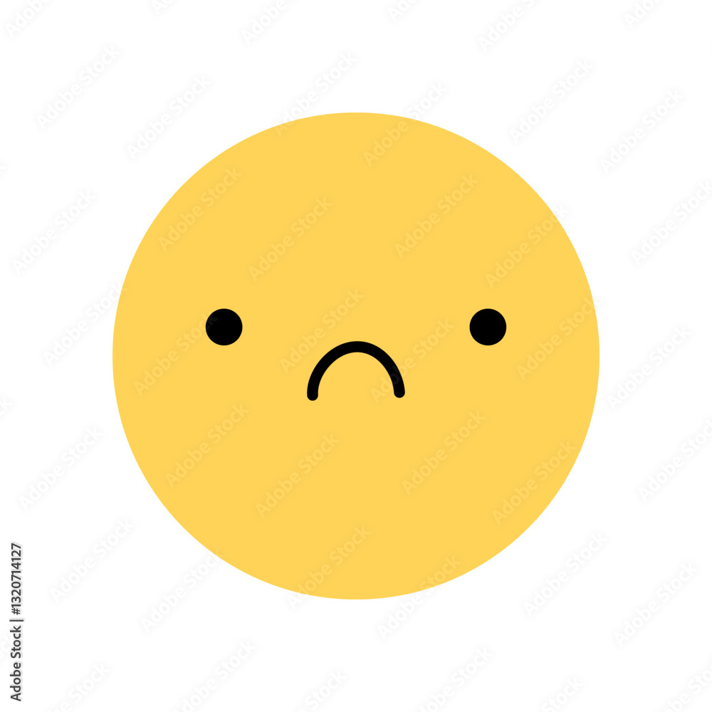 Cute yellow smile icon with a sad expression. Yellow character with an unhappy mood isolated on a white background. Vector flat illustration. Perfect for social media, stickers.. Cute yellow smile icon with a sad expression. Yellow character with an unhappy mood isolated on a white background. Vector flat illustration. Perfect for social media, stickers..