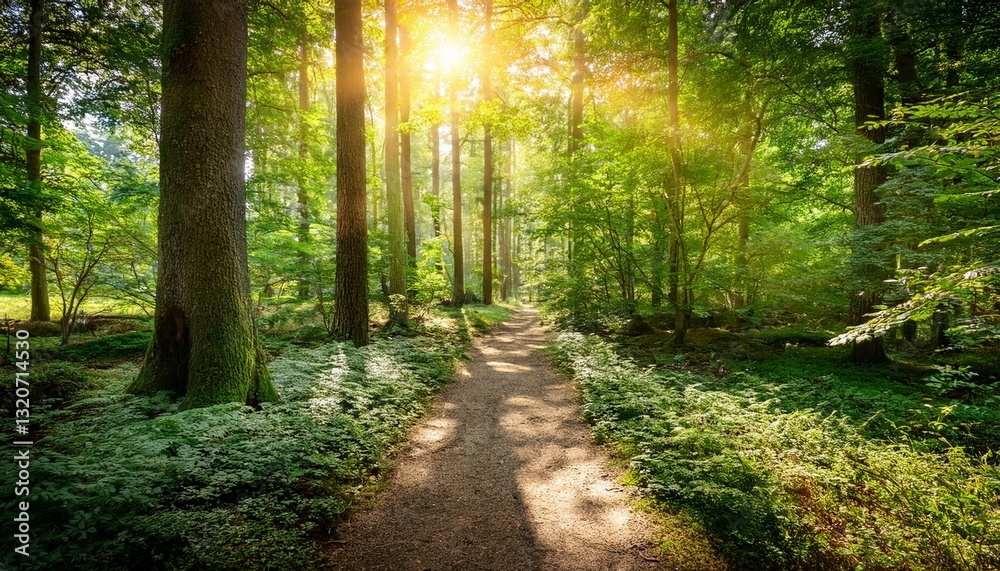 Obraz premium forest trees with a serene path amidst sun rays and lush greenery in the backdrop a perfect summer landscape snapshot