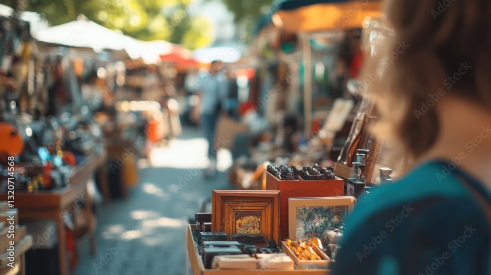 Fototapeta premium Busy flea market, browsing through antique items