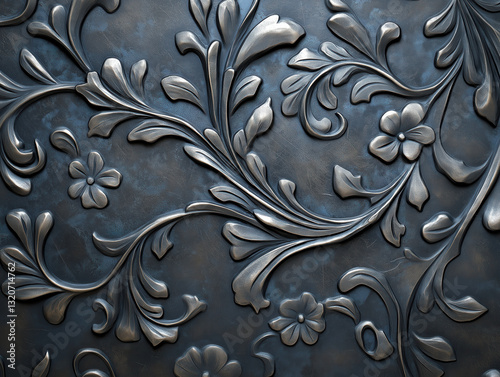 Dark gray floral pattern embossed on metal surface