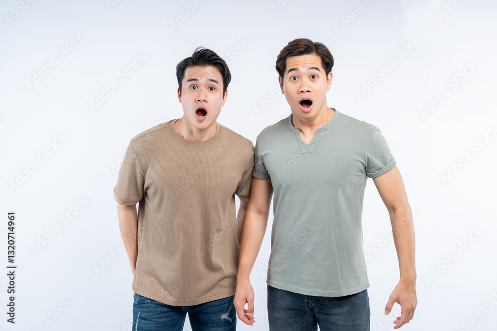 Fototapeta premium Two young men, mouths agape, express shocked surprise against a clean, white backdrop, their faces mirroring a shared astonishment.