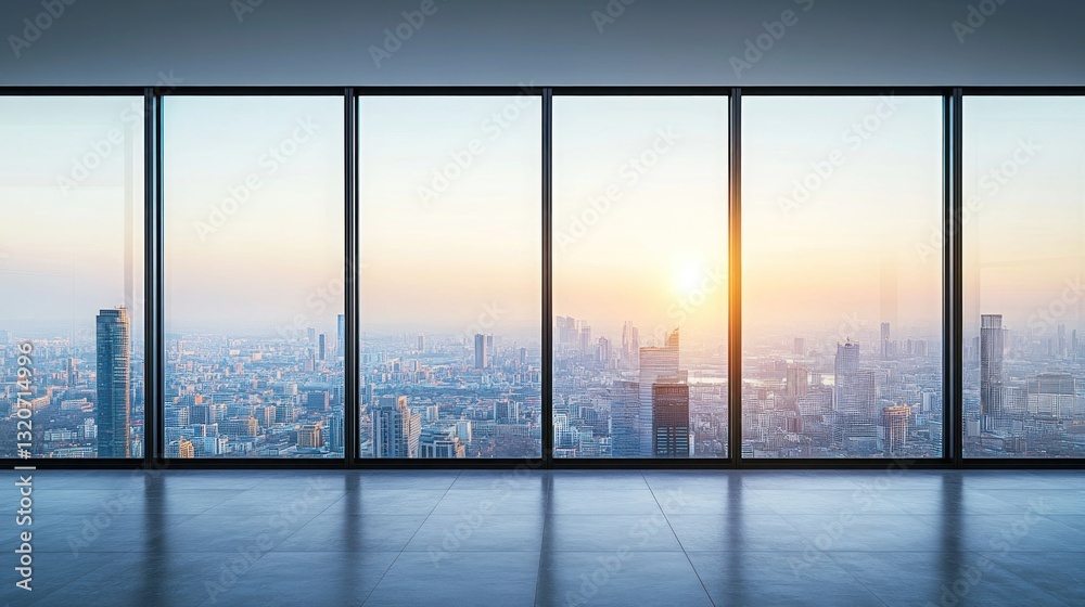 Fototapeta premium Panoramic sunset cityscape view from modern, large windowed office space