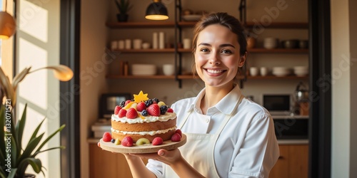 A smiling baker proudly presents a delightful two-layered cake adorned with fresh berries and kiwi, a culinary masterpiece. photo