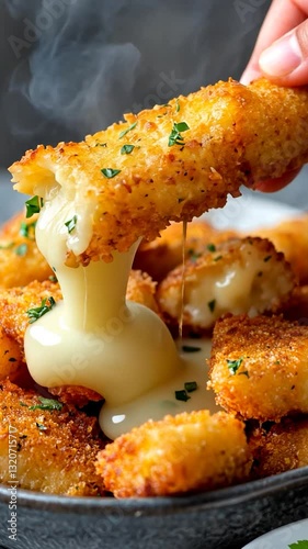 Crispy cheese sticks being pulled apart, showcasing melted cheese and garnished with herbs