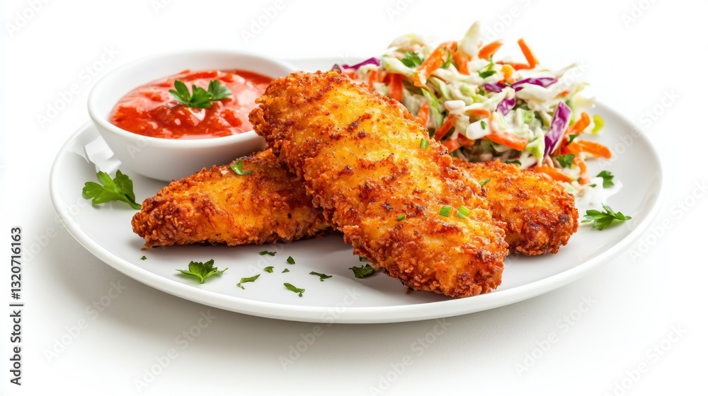 Crispy fried chicken tenders delight with creamy coleslaw and spicy tomato dip culinary bliss Crispy fried chicken tenders delight with creamy coleslaw and spicy tomato dip culinary bliss