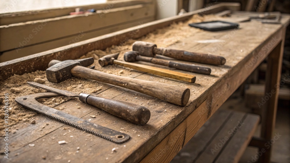 Aged Carpentry Tools Resting on a Dusty Workbench, Whispers of Craftsmanship and Time-Honored Skills. A Testament to Dedication and Hard Work. Aged Carpentry Tools Resting on a Dusty Workbench, Whispers of Craftsmanship and Time-Honored Skills. A Testament to Dedication and Hard Work.