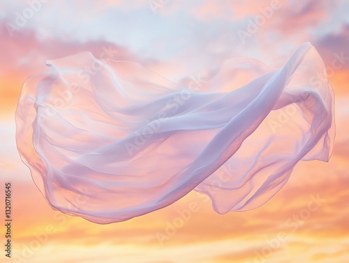 A white sheet of fabric is floating in the air above a beautiful sunset