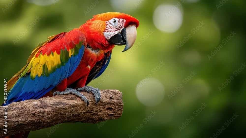 Vibrant Scarlet Macaw perched on tree branch with blurred green background in natural habitat
