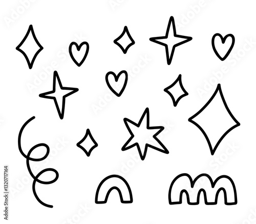 Cute decorative design elements. Abstract squiggles of different shapes - stars, hearts, sparkles, arcs. Vector hand-drawn doodle illustration isolated on a white background.