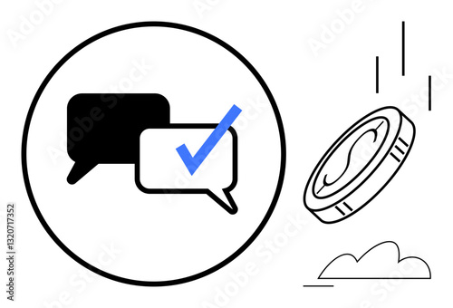 Speech bubbles with checkmark representing communication and agreement beside a flipped coin for decision-making. Ideal for teamwork, approval, voting, choices, problem-solving, strategy, flat simple
