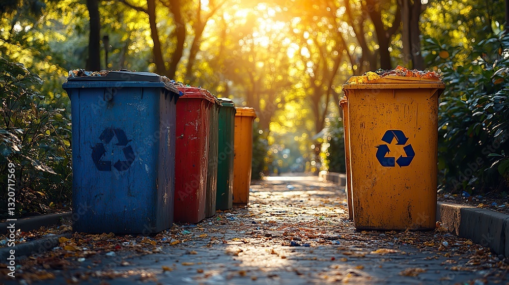 Obraz premium Promoting responsible waste management, four colorful recycling bins stand along a sunlit, tree lined street.