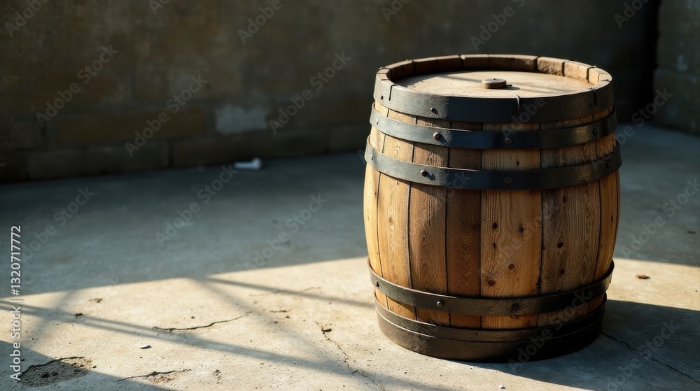 Rustic Wooden Barrel with Metal Bands Sitting on Weathered Concrete Floor in Sunlit Room Rustic Wooden Barrel with Metal Bands Sitting on Weathered Concrete Floor in Sunlit Room
