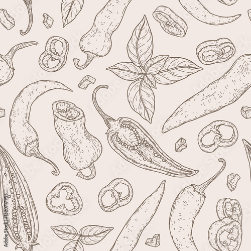 Line art seamless pattern with peppers chili, slices, halves, pieces and leaves. Linear organic seasoning vegetable concept. Natural hand drawn background for print, wrapping paper, fabric, banner
