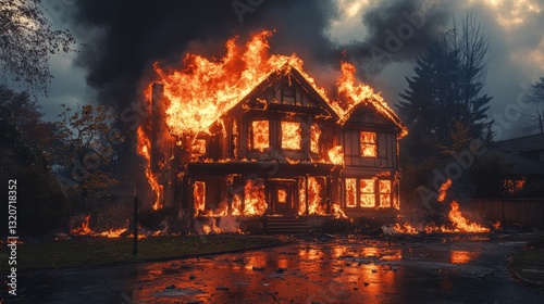 A burning home in a suburban street, with flames consuming the roof 