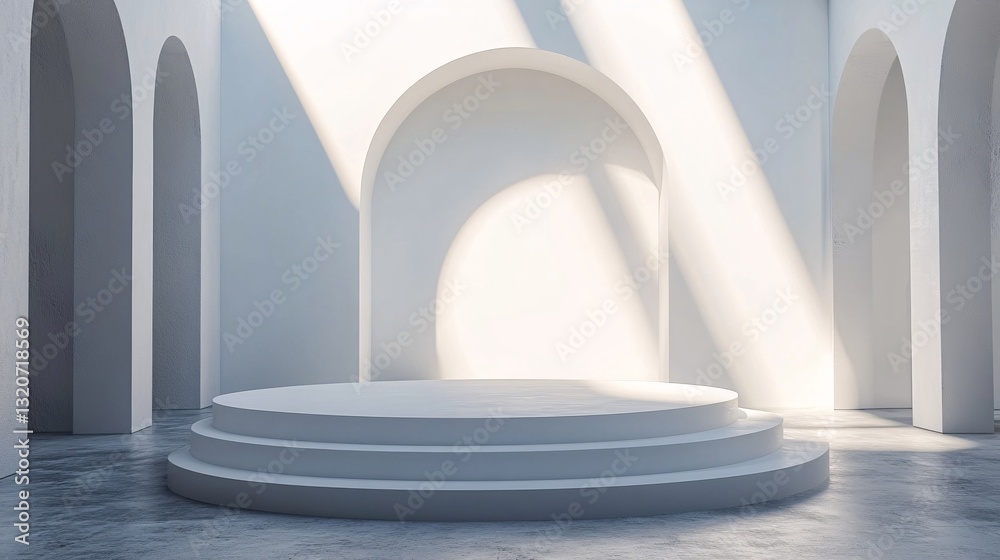 A bright white architectural space featuring an elevated circular platform A bright white architectural space featuring an elevated circular platform