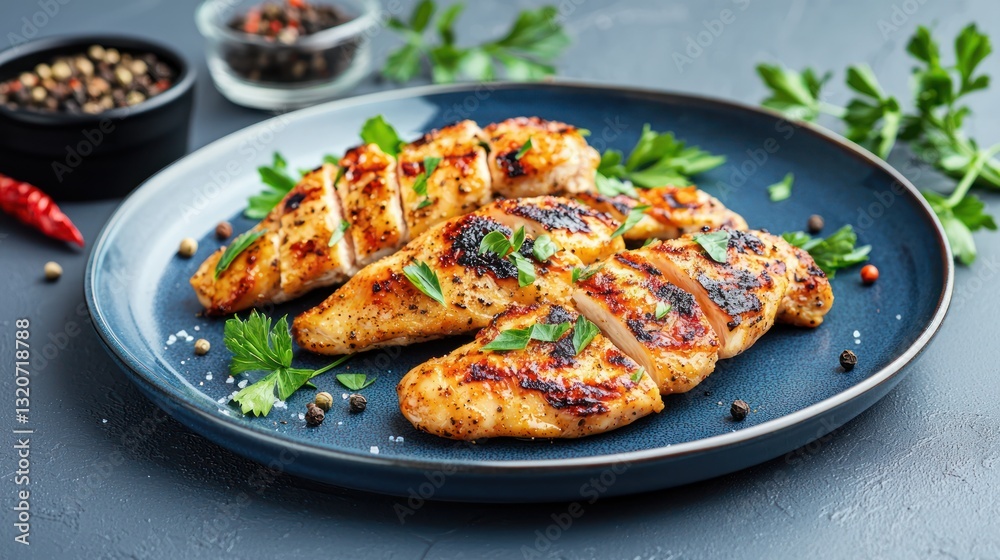 Culinary delight featuring grilled chicken breast adorned with aromatic herbs on elegant blue plate closeup