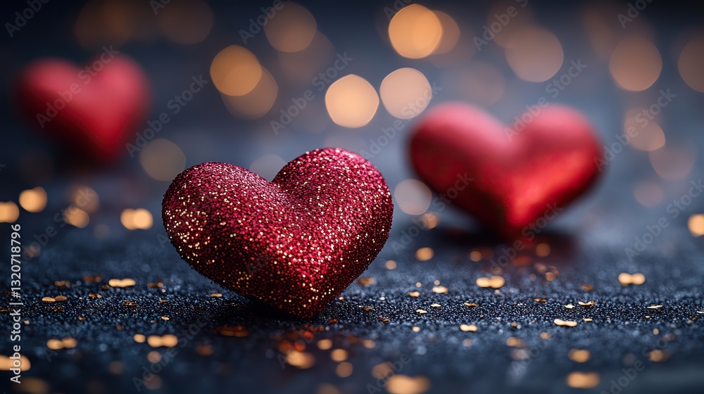 Fototapeta premium Red hearts and gold confetti are arranged on a dark background, for romance.