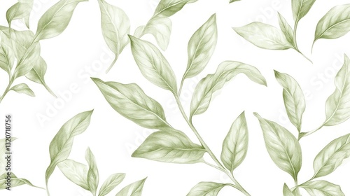 Elegant sage green botanical leaf pattern on white background