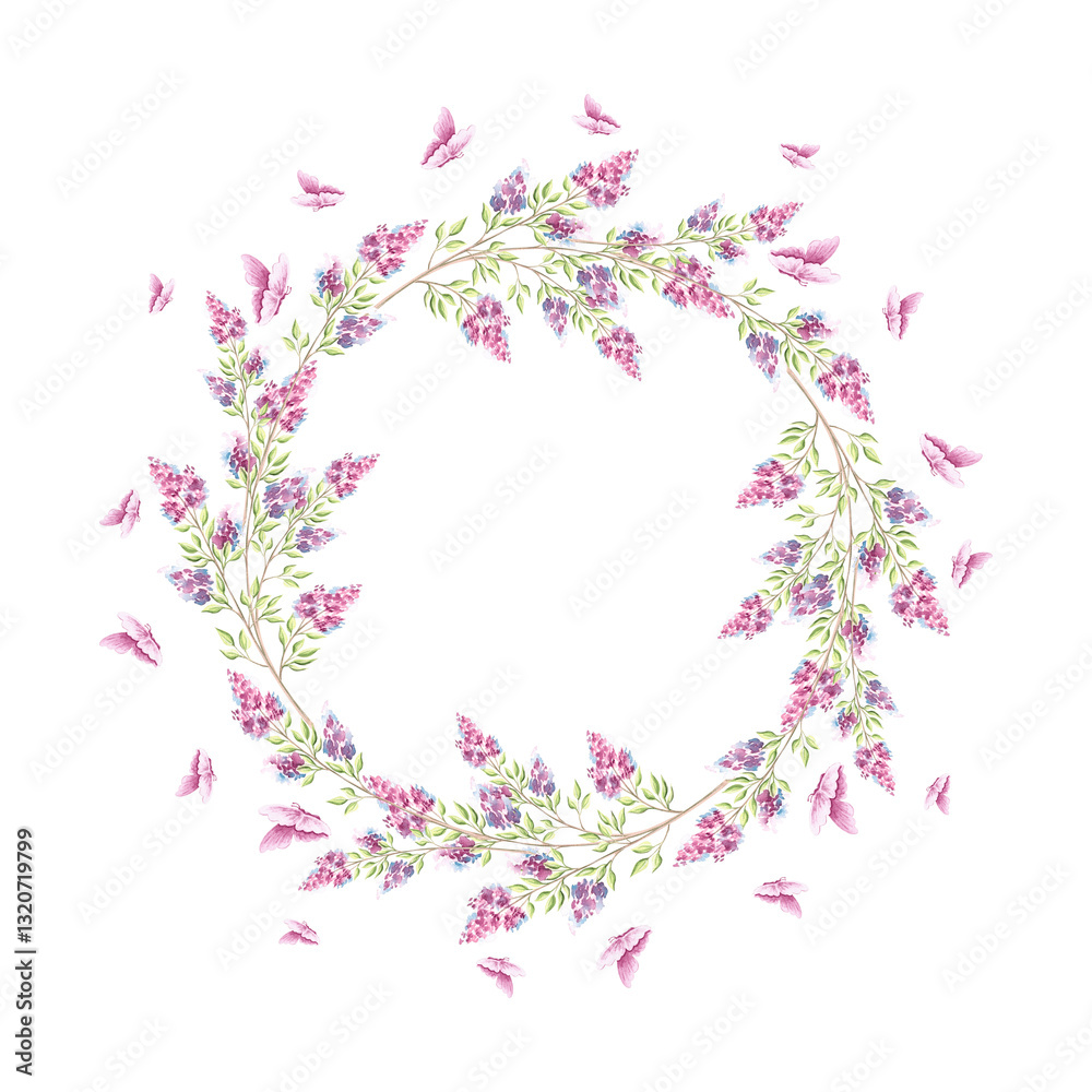 Lilac flowers sprig with green leaves and butterflies. Spring wreath round frame, border. Template with copy space. Blossom of spring. Botanical floral background. Clipart for wedding, card, textile.