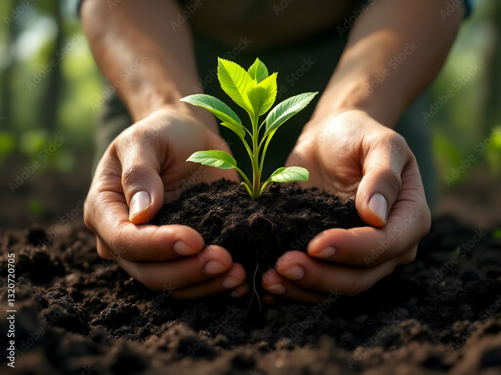 Fototapeta premium Hands Gently Holding a Young Green Seedling in Rich Soil, Symbolizing Growth, Sustainability, and Environmental Care