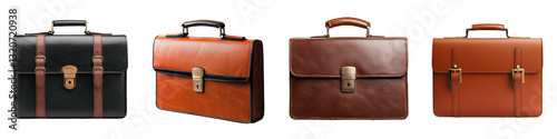 Collection of different leather briefcases portfolios and suitcases in various colors and styles suitable for professional office and business use