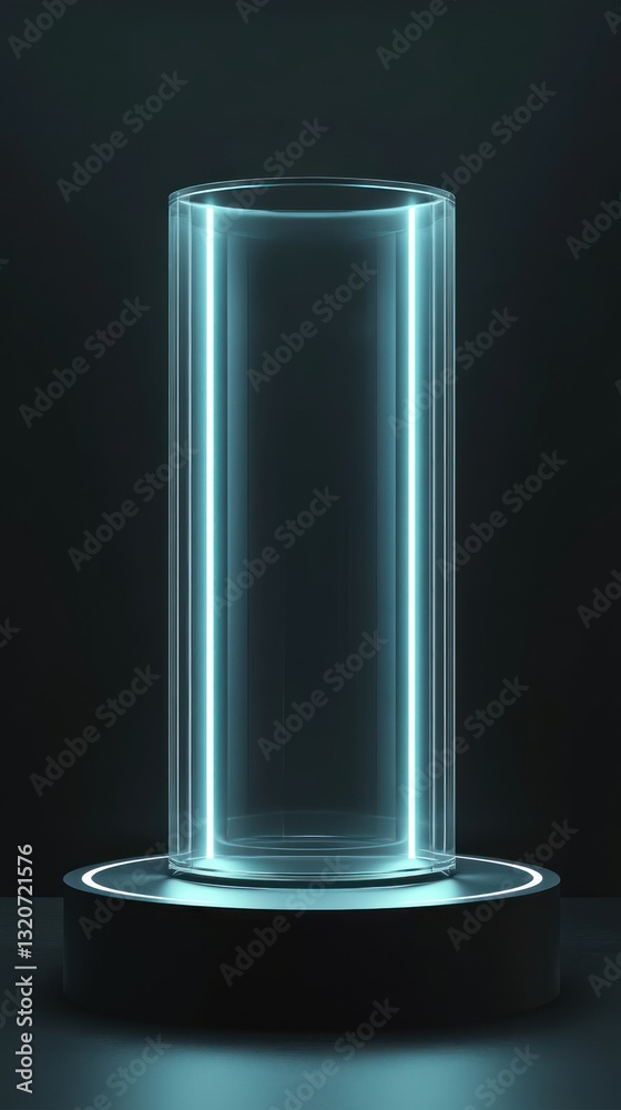 Luminous display case cylinder with bright glowing blue light accents for presentation and showcase on dark scene Luminous display case cylinder with bright glowing blue light accents for presentation and showcase on dark scene