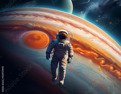 concept of an astronaut floating near jupiter gazing at the swirling storm of the great red spot with the planetrs massive size dominating the scene and its moons visible in the distance