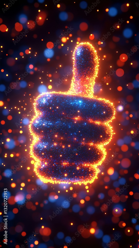 vibrant image of a thumbs-up icon surrounded by sparkling light, alongside share icons that seem to glow
