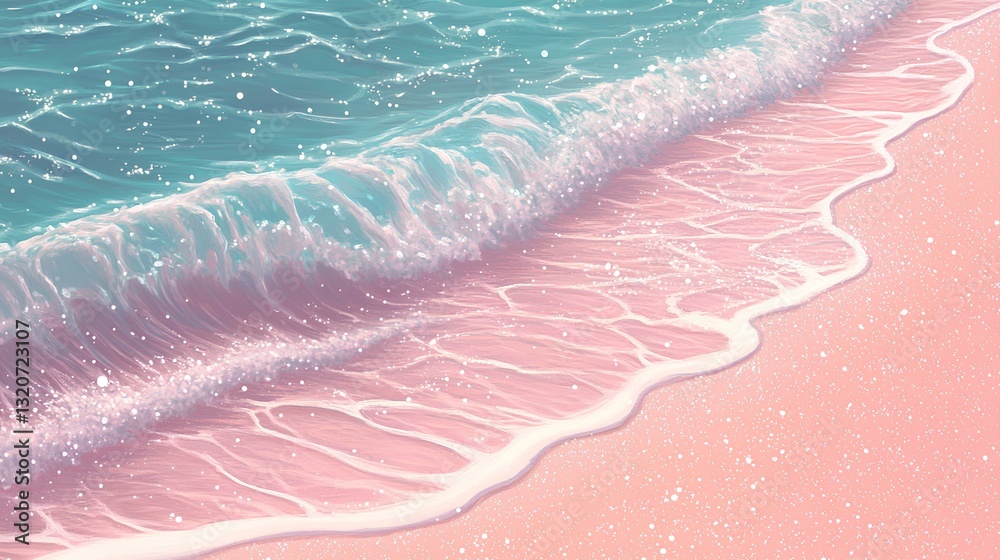 white beach with crystal clear water, glittering and sparkling, light blue waves on the sea, light pink sand in the background, anime style.