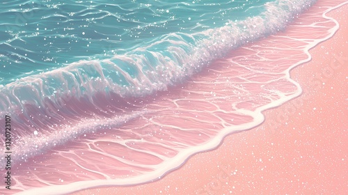 Obraz na płótnie white beach with crystal clear water, glittering and sparkling, light blue waves on the sea, light pink sand in the background, anime style. w salonie