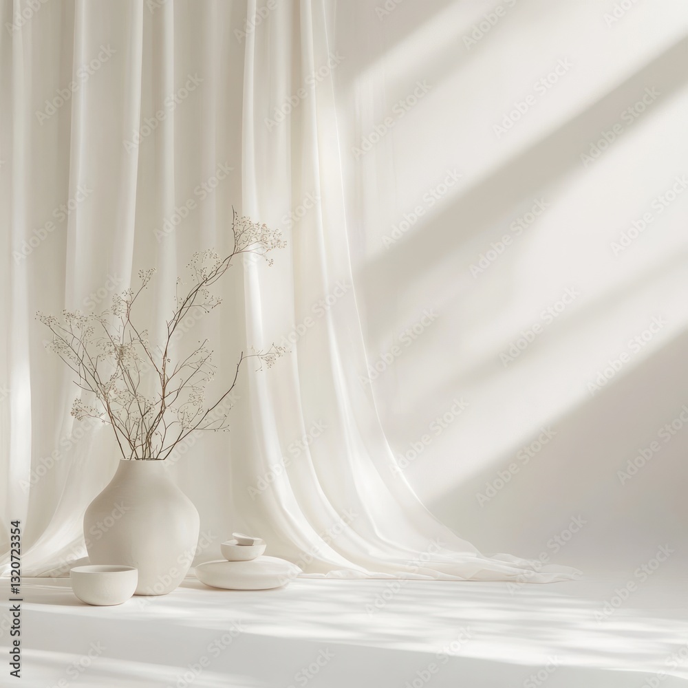 Serene studio scene featuring elegant vase with delicate plant against flowing fabric and soft light Serene studio scene featuring elegant vase with delicate plant against flowing fabric and soft light