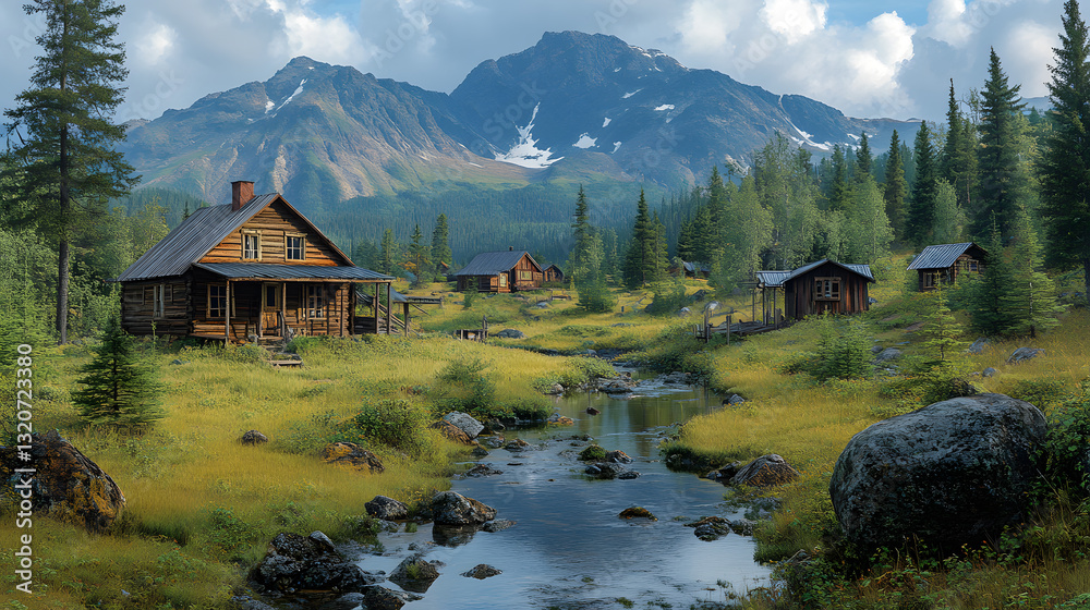 Fototapeta premium A scene of Alaskan gold rush history, with a wooden mining camp set against a backdrop of rugged mountains and pine forests.