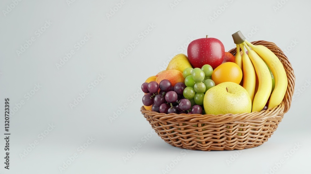 A wicker basket overflowing with a vibrant assortment of fresh fruits including apples, bananas, grapes, and oranges A wicker basket overflowing with a vibrant assortment of fresh fruits including apples, bananas, grapes, and oranges