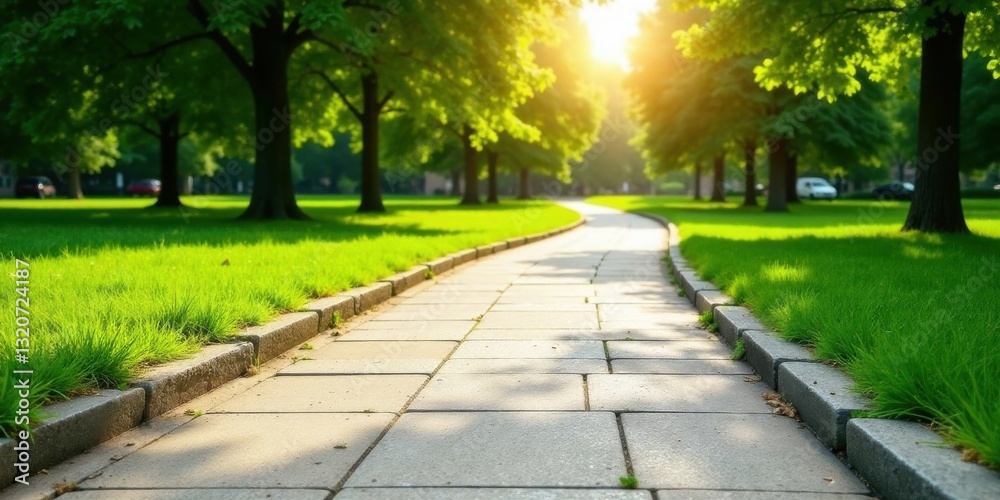Fototapeta premium A Serene Pathway Winding Through a Lush Green Park on a Sunny Day, Bathed in Golden Sunlight
