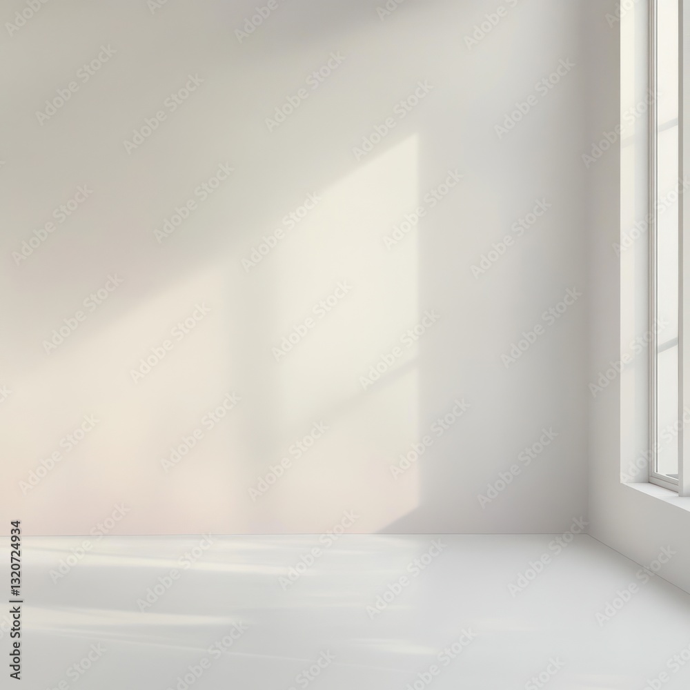 Fototapeta premium Bright minimalist interior with sunlit white wall and window creates serene space for creative projects