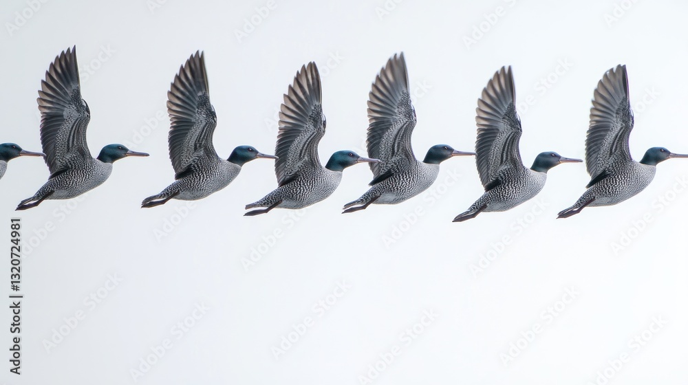 Obraz premium Eight birds in synchronized flight, wings spread, against a bright sky